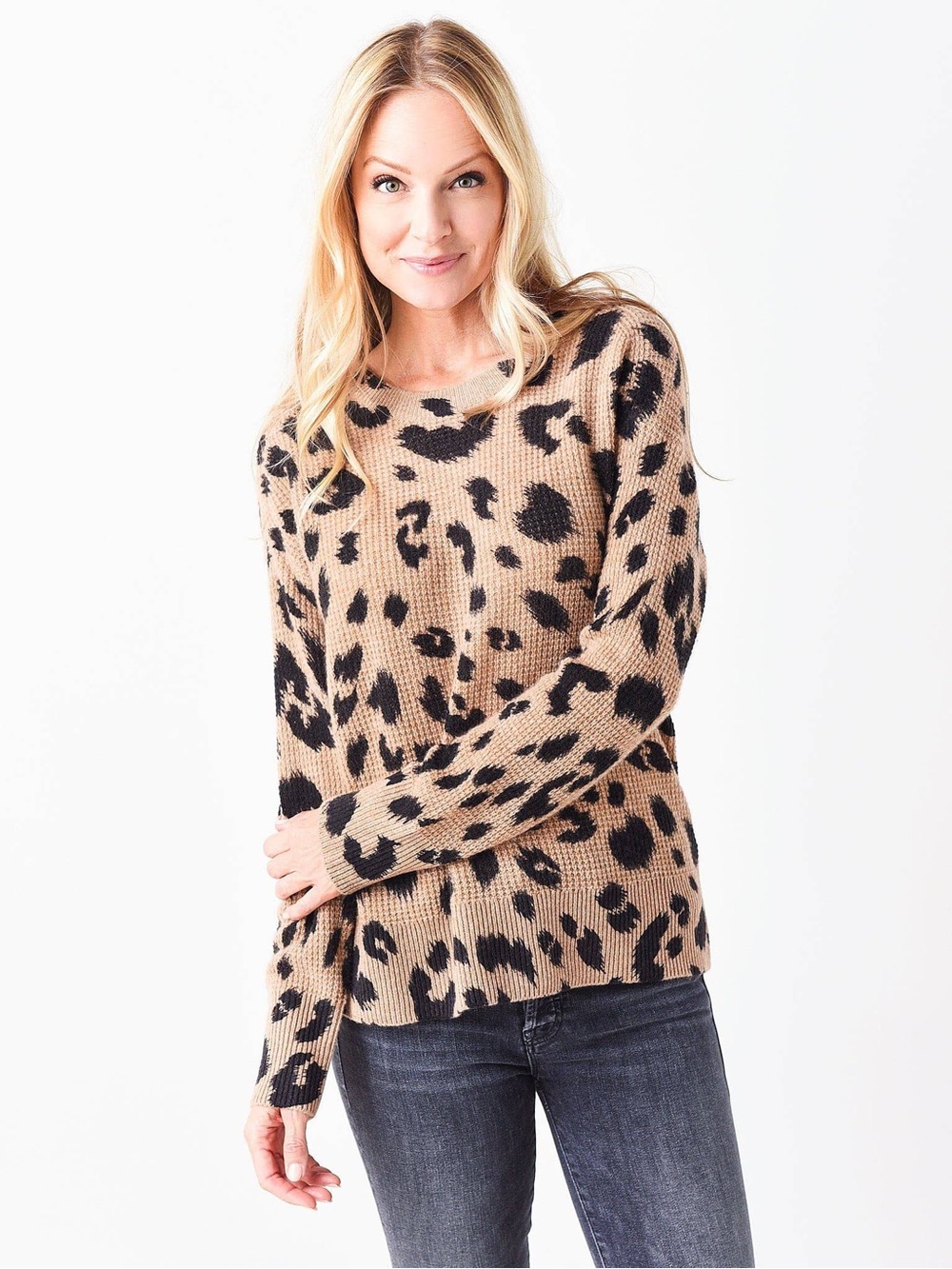 White + Warren cashmere leopard waffle knit Sweater in Tan and Black size small